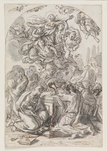 聖母の仮定; verso-女性と子供の頭 作： Luca Giordano